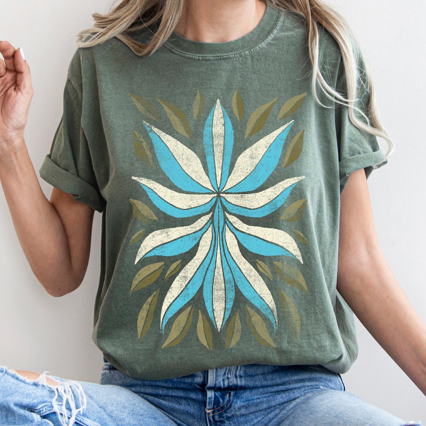 Boho Folk Art Flower and Leaves Comfort Colors Tshirt