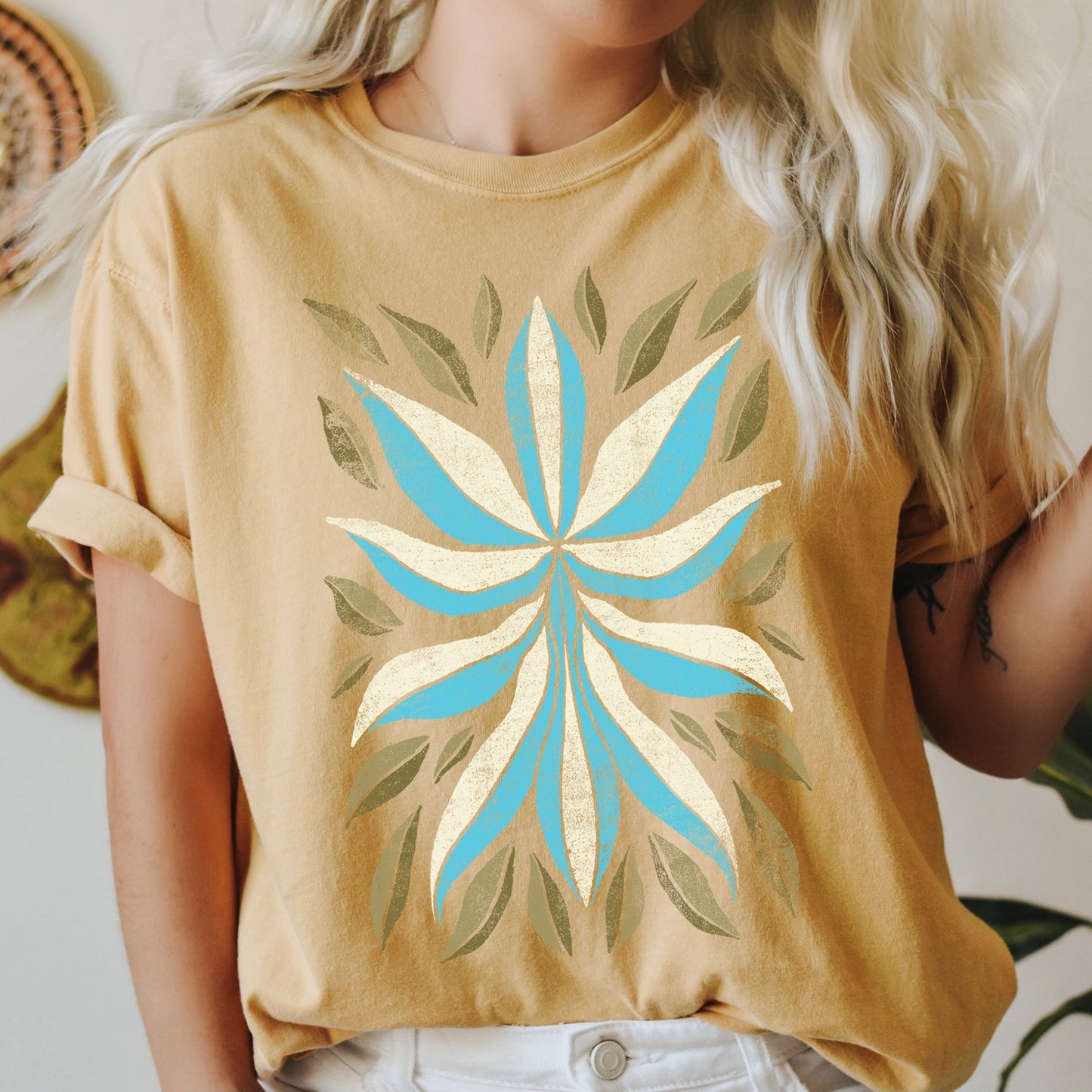 Boho Folk Art Flower and Leaves Comfort Colors Tshirt