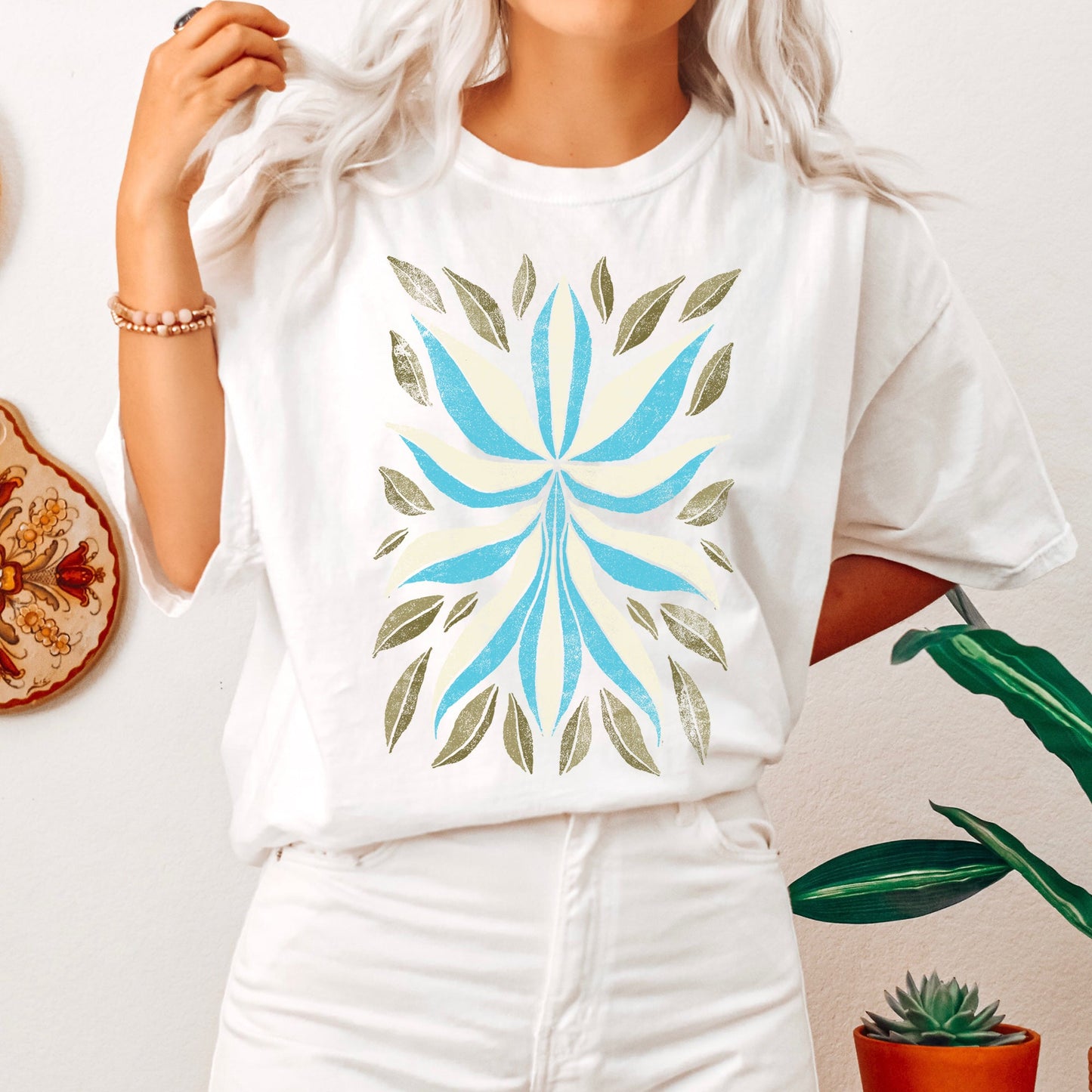 Boho Folk Art Flower and Leaves Comfort Colors Tshirt