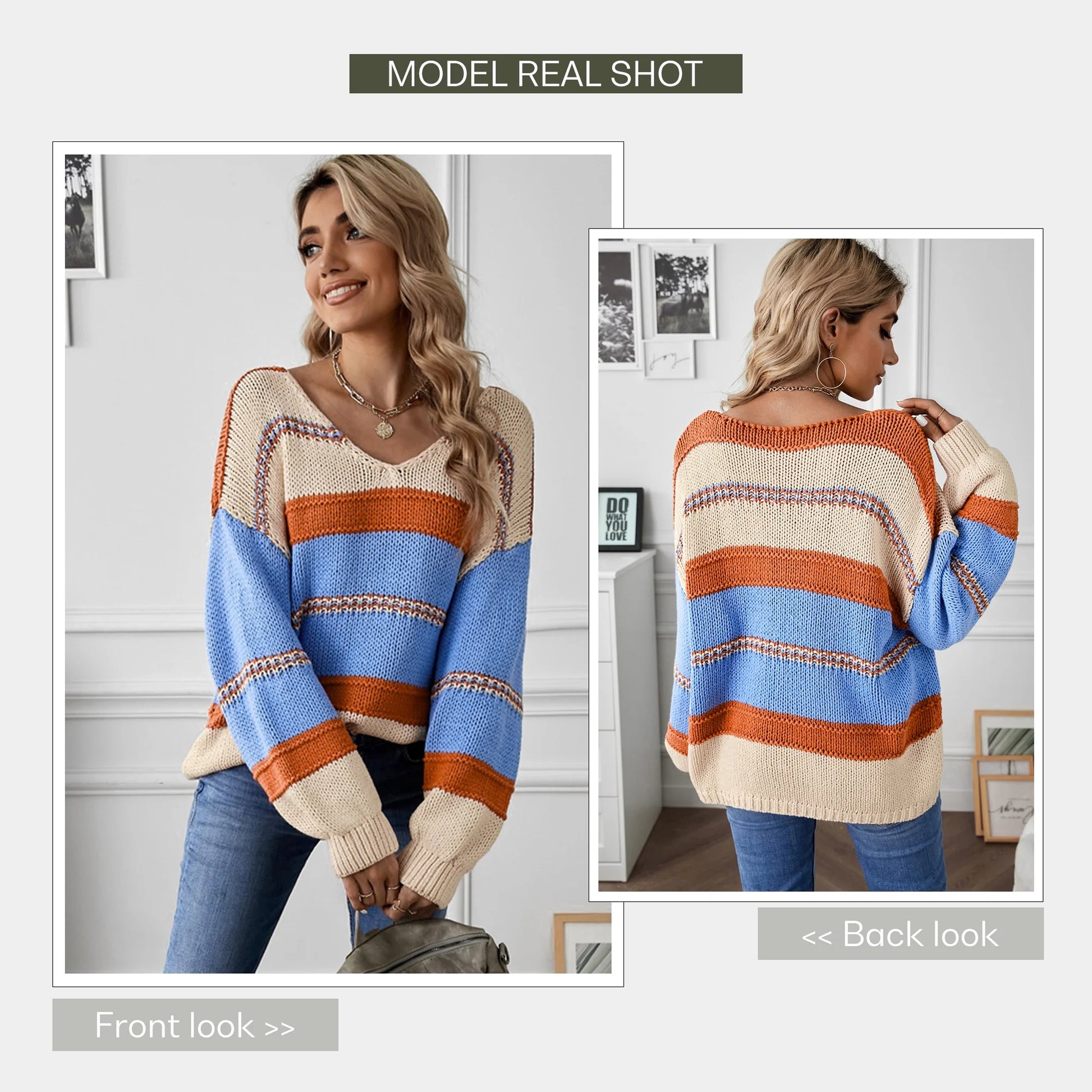 Womens Loose V Neck Sweater Oversized Ladies Color Block Knitted Tops Lantern Sleeve Pullover Shirts M 8-10