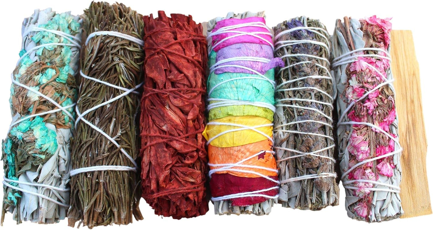 DOX + LAMB 7PC Variety White Sage Kit, Beginner Smudging Bundle, Lavender, Chakra, Rose Flower Sage, Rosemary, Dragon Blood, Palo Santo. Meditation, New Home Cleansing, Manifest (7 PC Sage Kit)