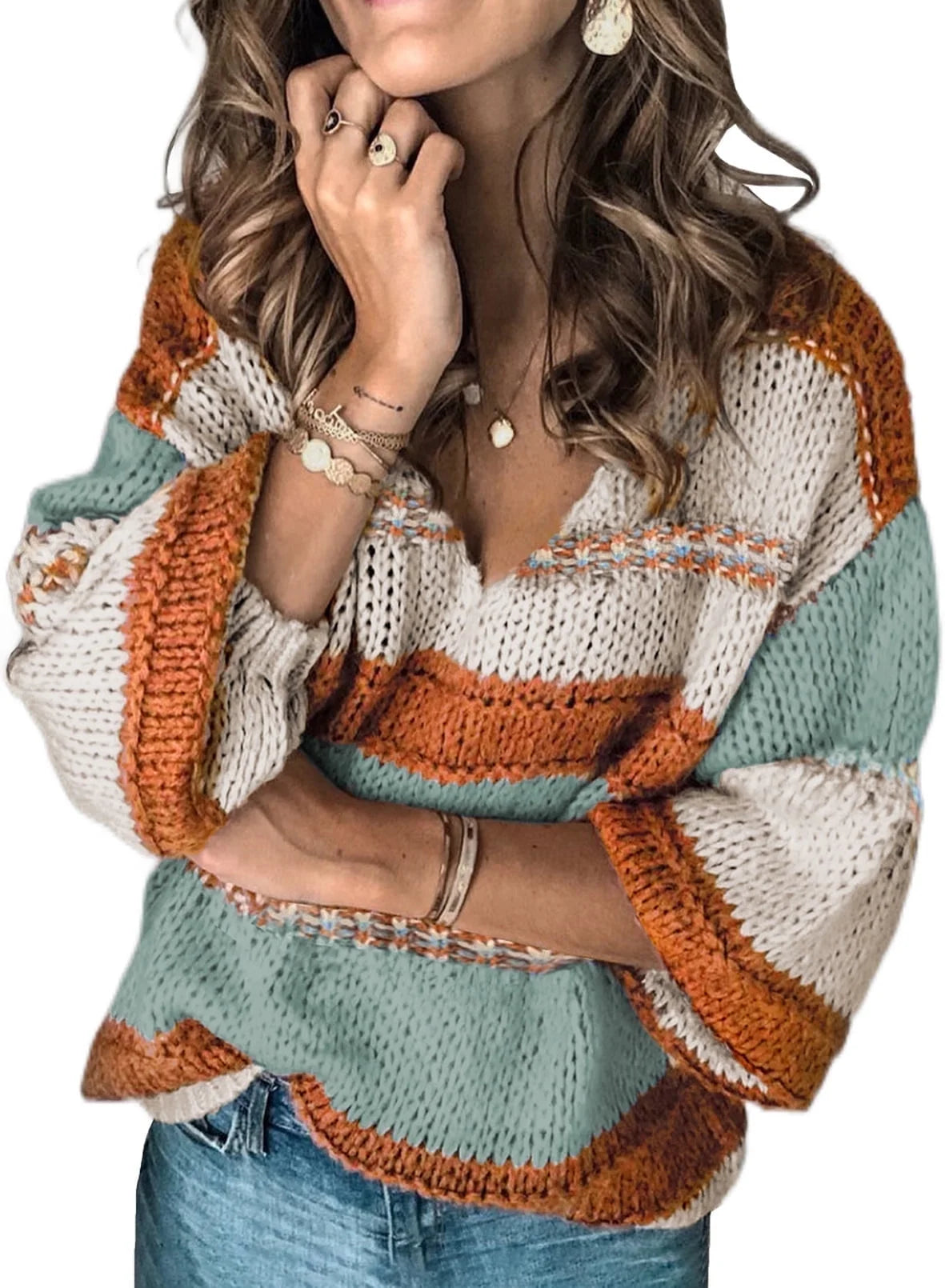 Womens V-Neck Knitted Lantern Sleeve Pullover Sweater Fashion Color Block Cable Knit Jumper Tops S 4-6