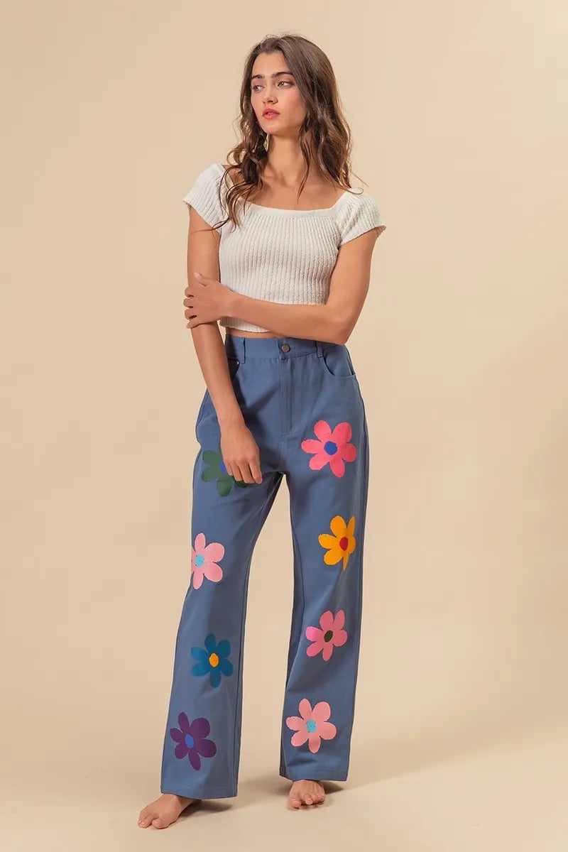 Flower Print Straight Legs Pants