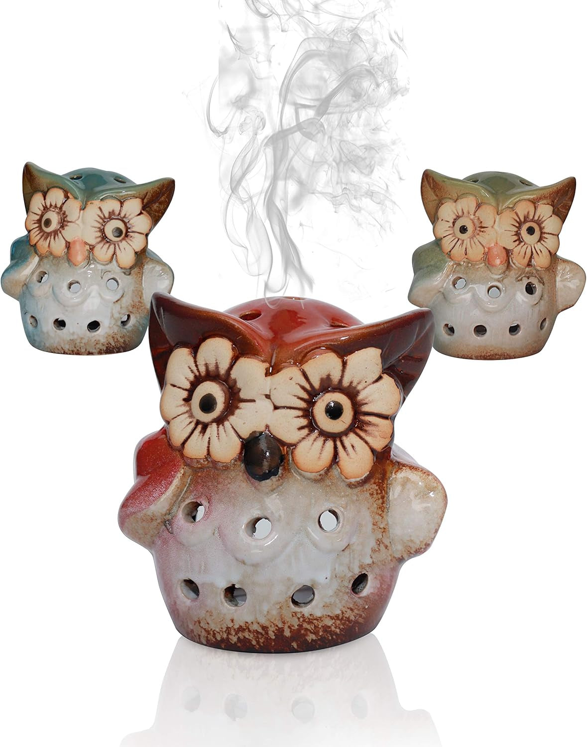 Ceramic Owl Incense Burner - Holder for Cones, Bricks, Rope & Resin Incense, Candle Holder (Blue)
