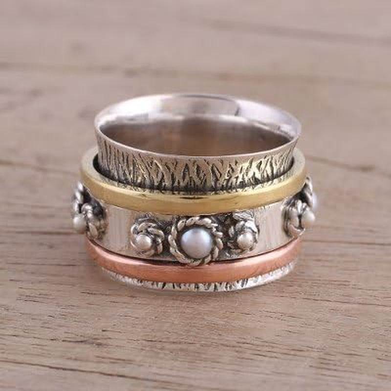 Artisan Handmade Cultured Freshwater Pearl Meditation Spinner Ring .925 Sterling Silver with Brass Copper Metallic Tone White Band India Birthstone 'Spinning Blossom'
