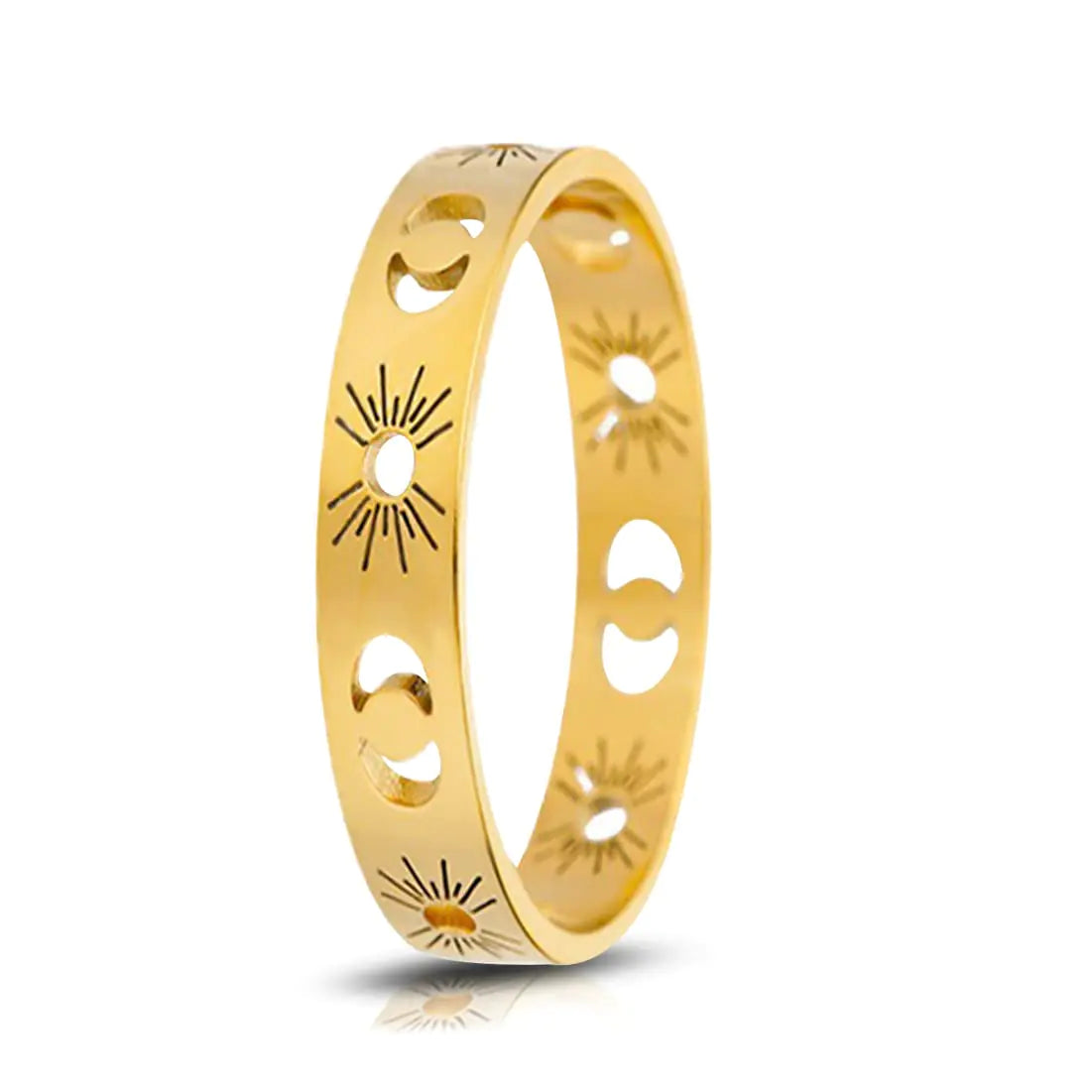 HAIXIAN Dainty Hollowed Sun Moon Ring for Women14K Yellow Gold Cute Thin Boho Statement Band Rings (Ring_B 6)