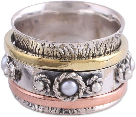 Artisan Handmade Cultured Freshwater Pearl Meditation Spinner Ring .925 Sterling Silver with Brass Copper Metallic Tone White Band India Birthstone 'Spinning Blossom'