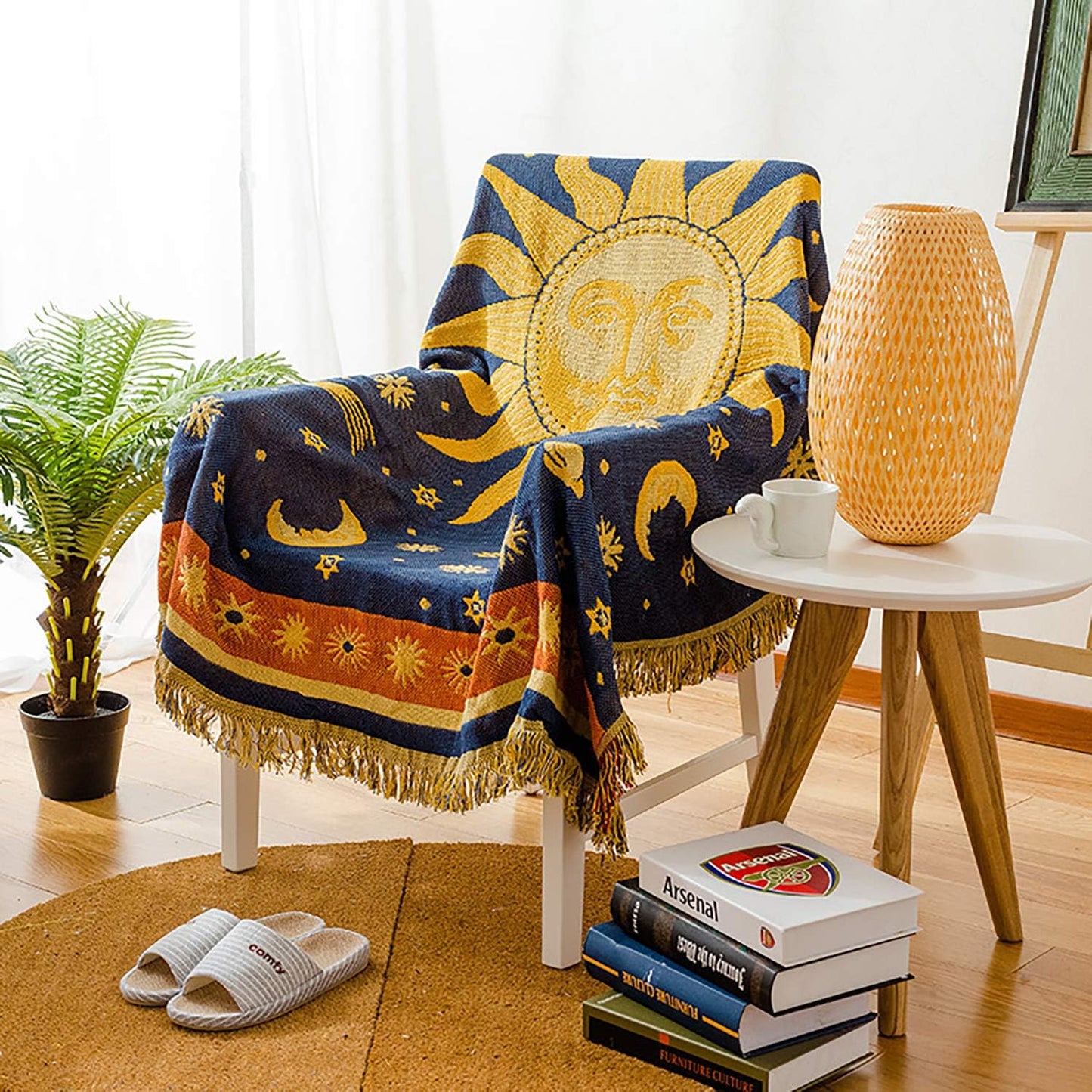 Sun and Moon Stars Hippie Throw Blanket Celestial Tapestry Double-Sided Reversible Woven Cotton Home Decor Bedding Chair Couch Recliner Cover Loveseat Rug Oversized Tassels Blue Yellow (91X71)