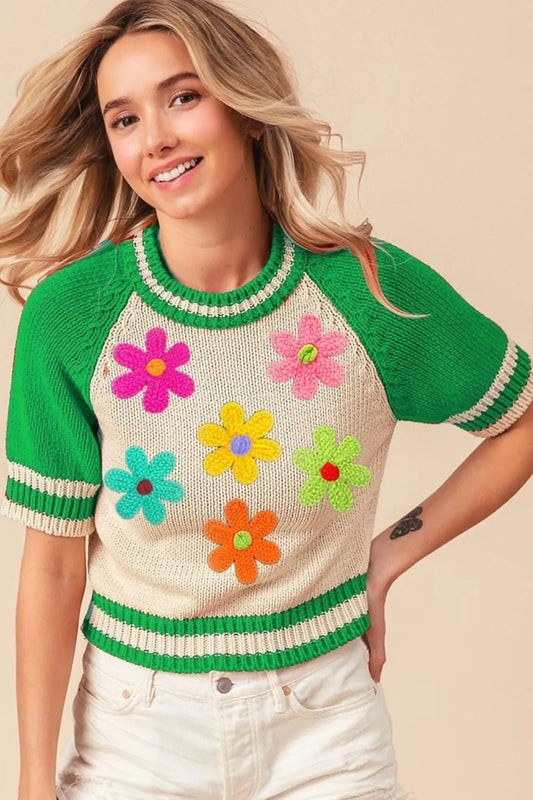 Crochet Flower Patches Striped Rib Band Sweater