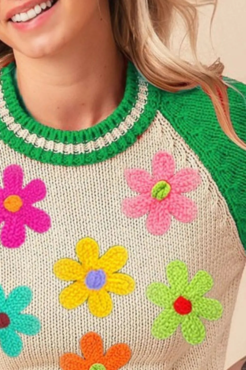 Crochet Flower Patches Striped Rib Band Sweater