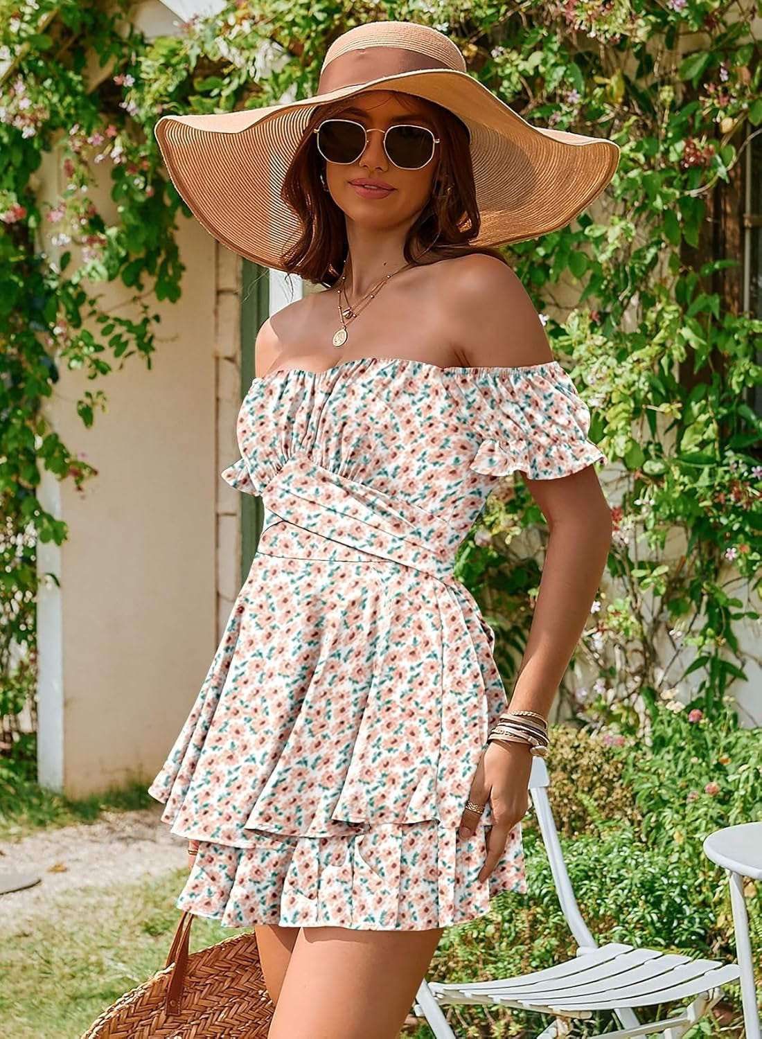 Women Boho off Shoulder Romper Floral Print Tie Back Ruffle Hem Chiffon Short Jumpsuit