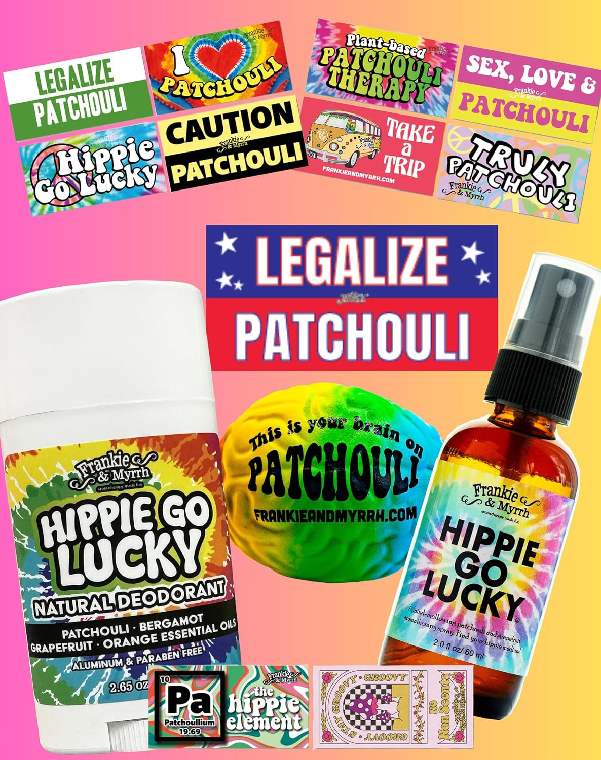 Hippie Combo Spray and Deodorant Pack | Spray 2 Fl Oz & Deodorant Single 2.65 Oz | Freshwater Patchouli Mist & Natural Deodorant | Packed with Fun Extras