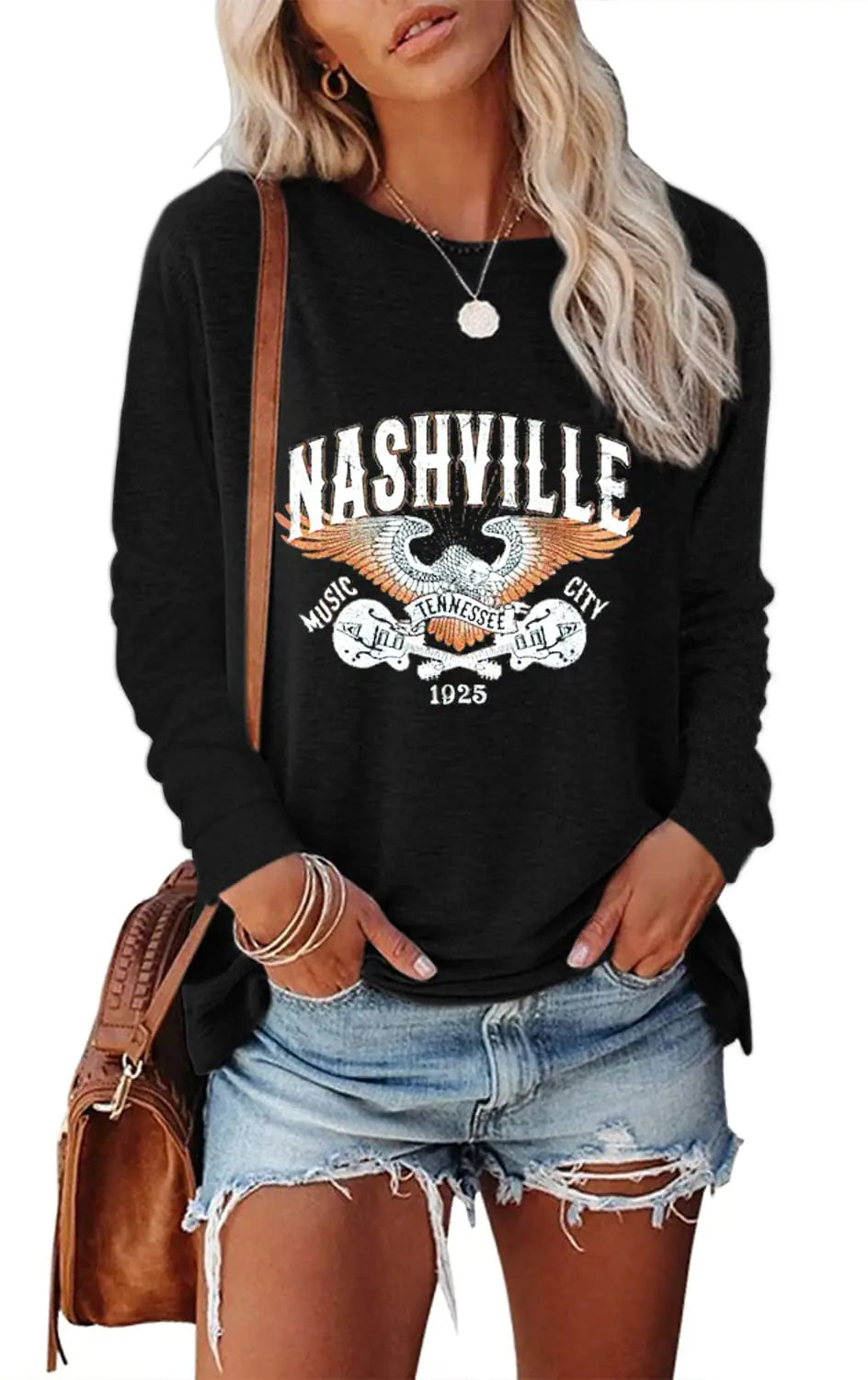 Rock Band T-Shirts Womens Long Sleeve Country Music Shirts Retro Floral Guitar Graphic Tees Trendy Tops(BrownS)