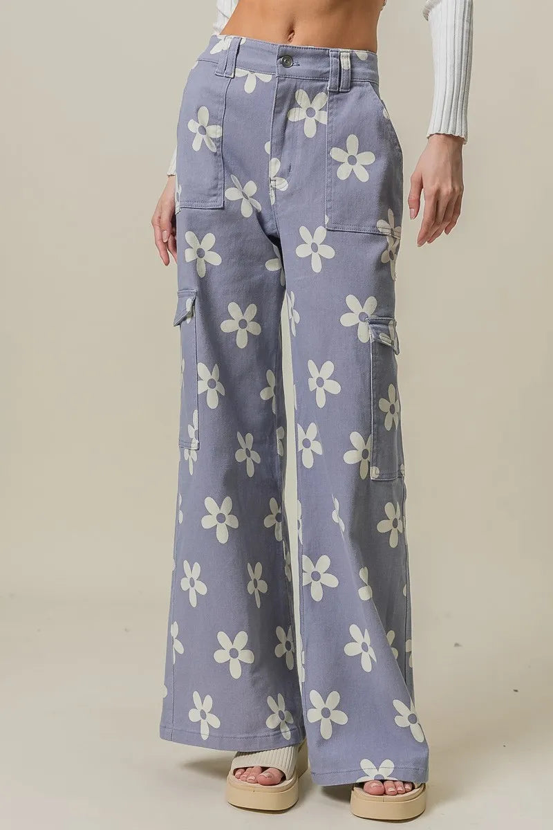 Flower Printed Side Pocket Wide Pants