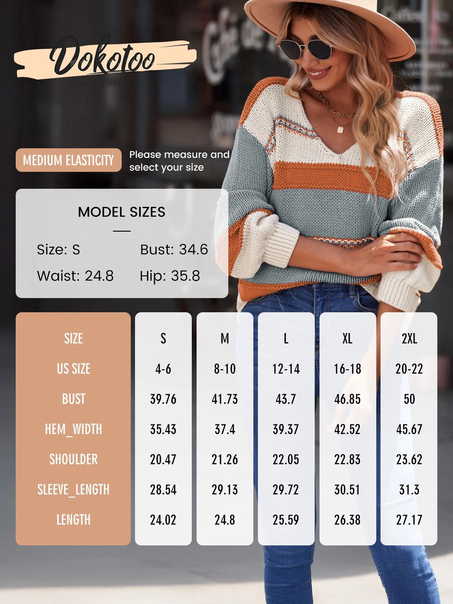 Womens V-Neck Knitted Lantern Sleeve Pullover Sweater Fashion Color Block Cable Knit Jumper Tops S 4-6