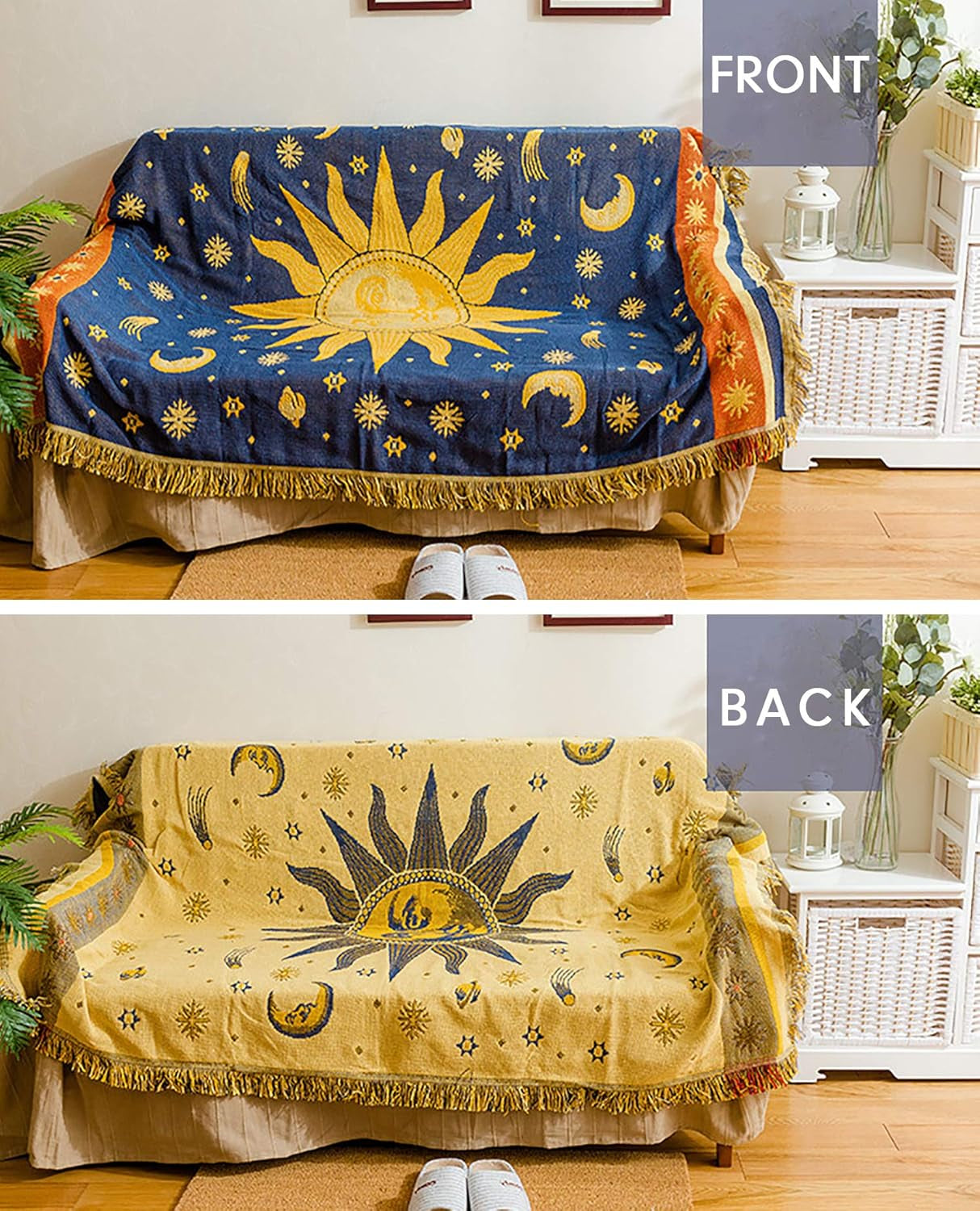 Sun and Moon Stars Hippie Throw Blanket Celestial Tapestry Double-Sided Reversible Woven Cotton Home Decor Bedding Chair Couch Recliner Cover Loveseat Rug Oversized Tassels Blue Yellow (91X71)