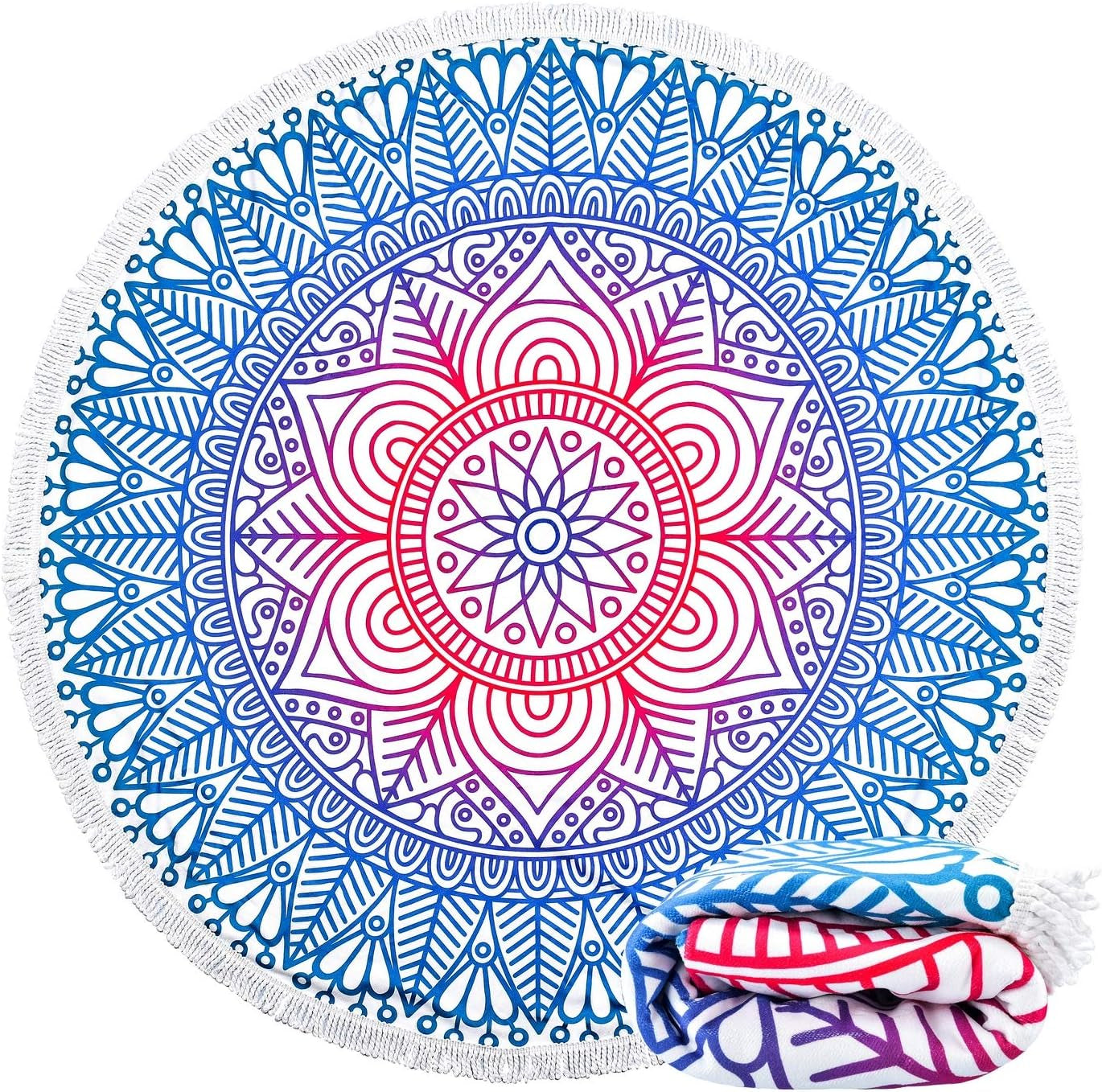 Large & Thick Microfiber Mandala round Beach Towel Throw Blanket with Fringed 62"X 62" Soft Absorbent Quick Dry Multi-Purpose Picnic Yoga Meditation Mat Roundie for Women Men Boy Girl Kids