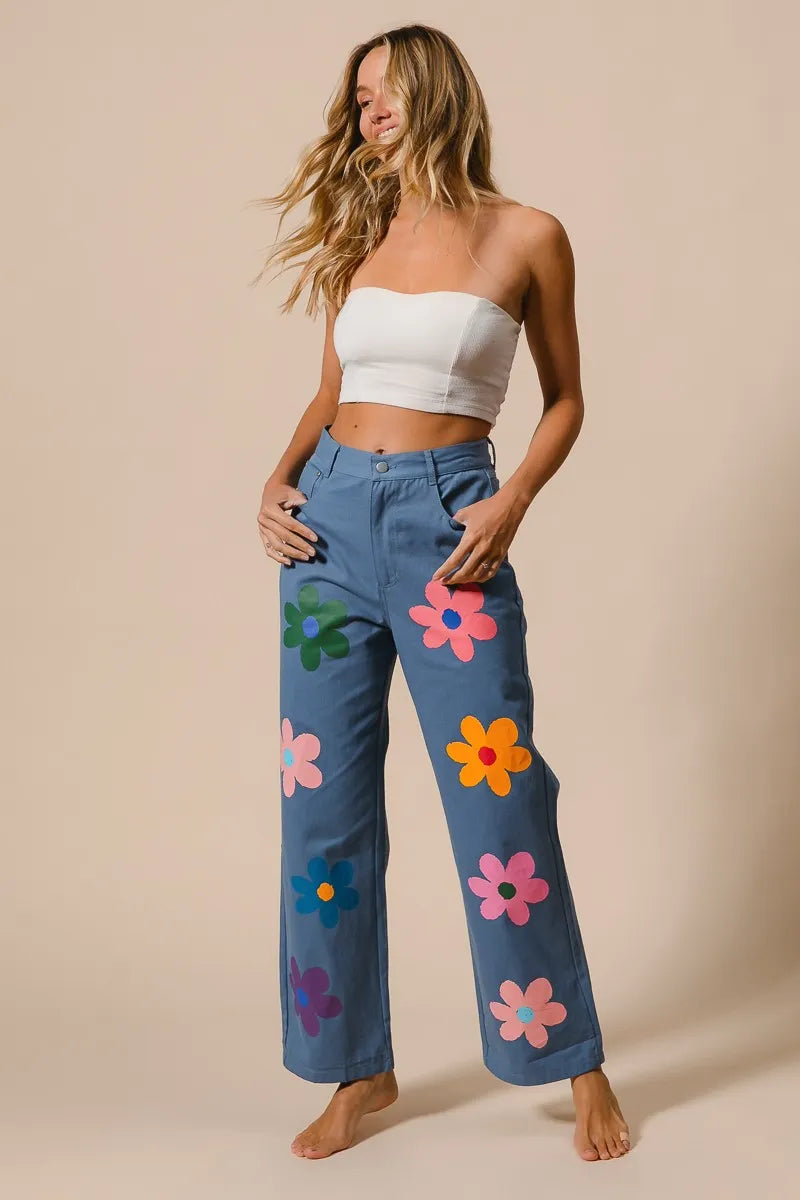 Flower Print Straight Legs Pants