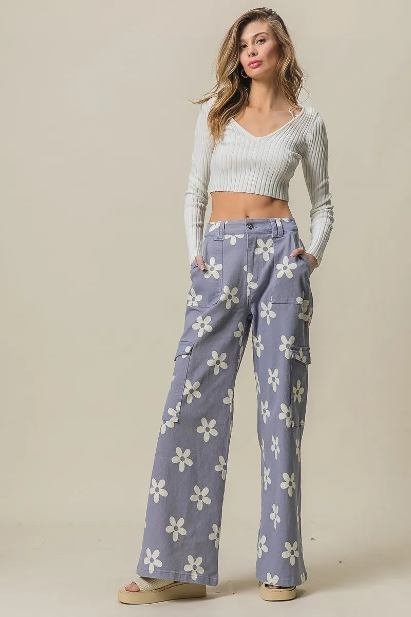 Flower Printed Side Pocket Wide Pants