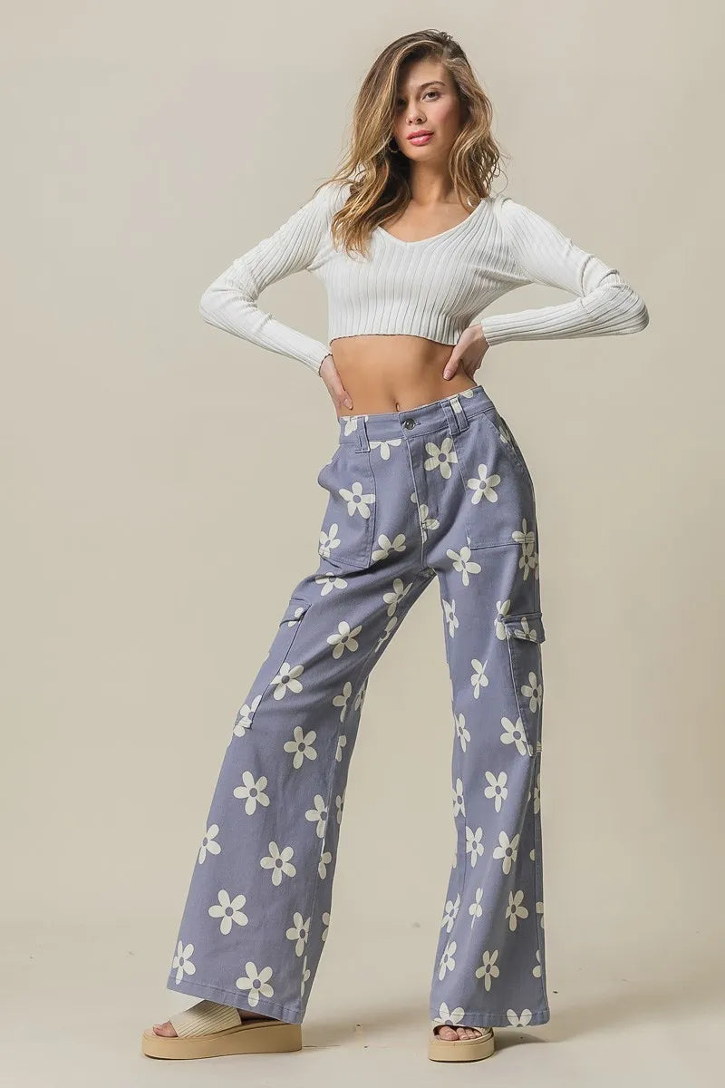 Flower Printed Side Pocket Wide Pants