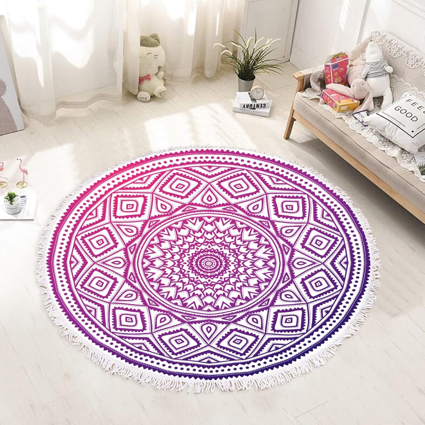 Round Beach Towels 59 Inch Oversized for Adults Women Microfiber Boho Aesthetic Mandala Fast Quick Drying Absorbent Blanket Sand Free/Proof for Pool Travel Camping Outdoor with Fringe Tassels,Purple
