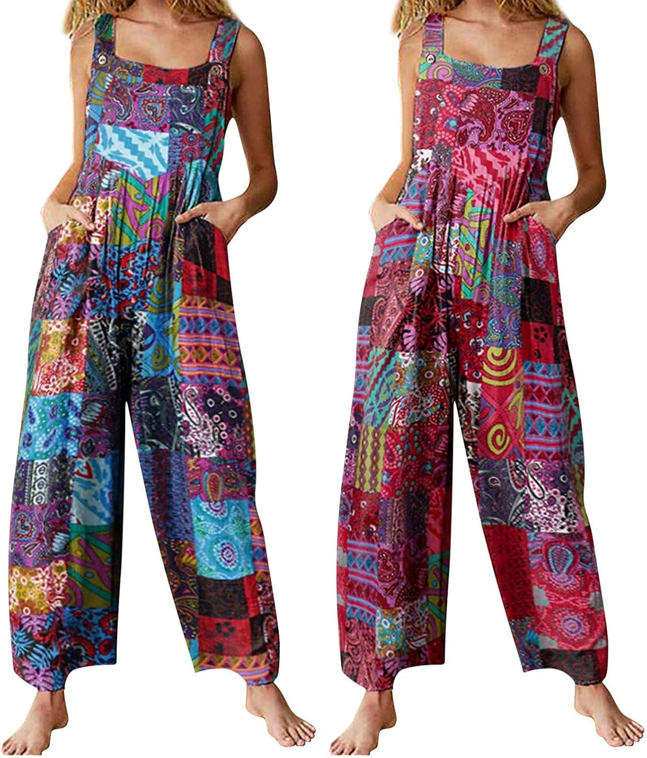 Women Boho Overalls Summer Floral Loose Suspender Trousers Jumpsuits Wide Leg Pants Romper with Pockets (C Red , X-Large )