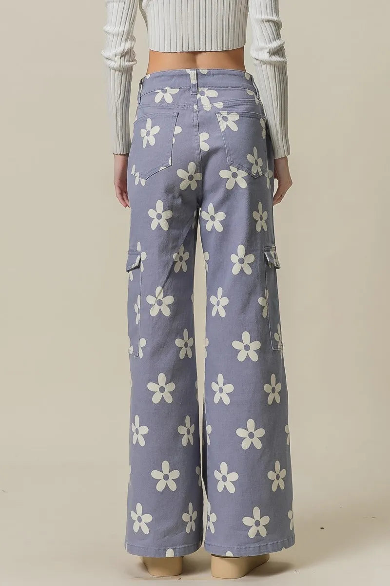 Flower Printed Side Pocket Wide Pants