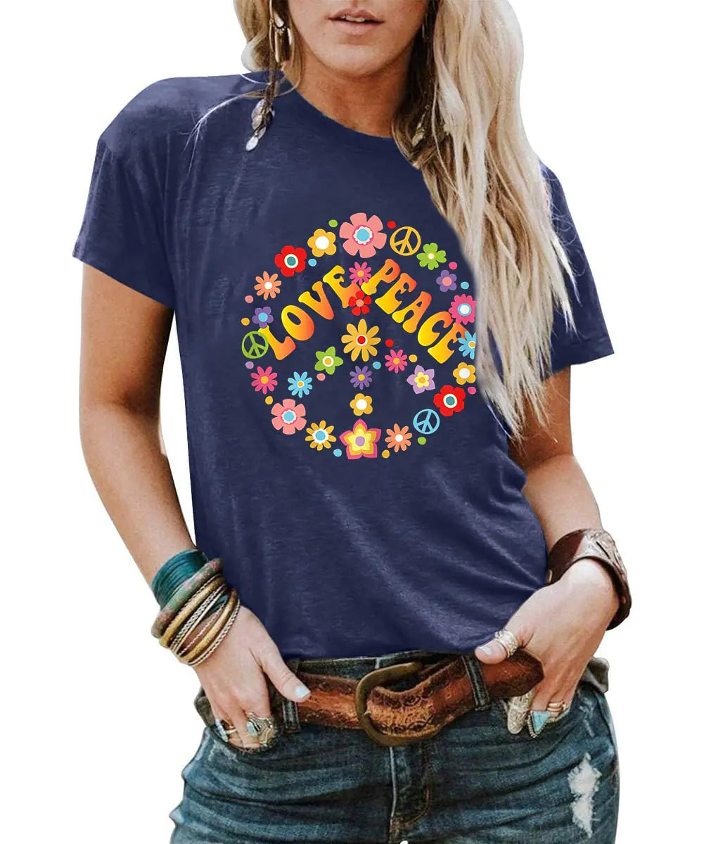 Peace Sign Love Shirt Women 60s 70s Hippie Theme Party Tshirt Sunflower Print Inspirational Shirts