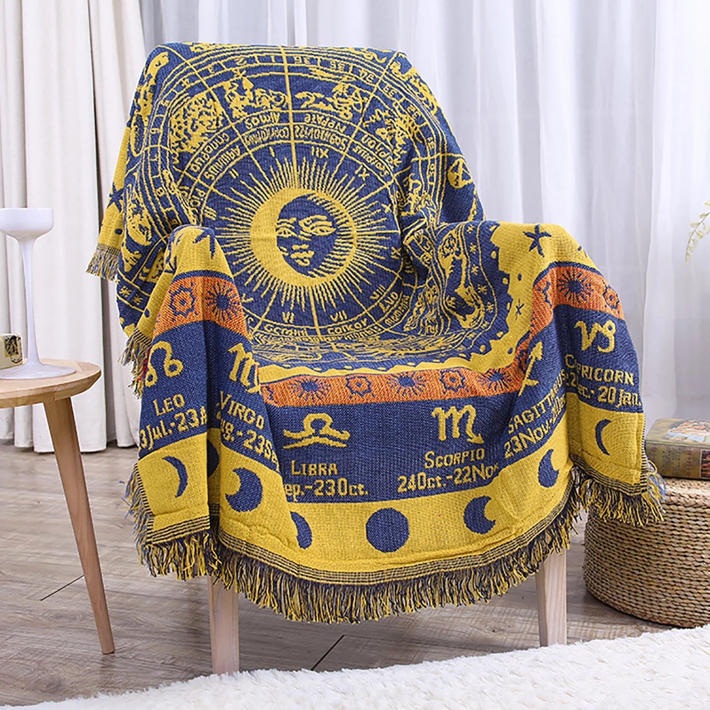 Zodiac Throw Blanketboho Hippie Woven Witchy Astrology Celestial Constellation Balnket for Home Decor, Double Side Cover Chair Sofa Couch(Yellow,S 51" X 71")