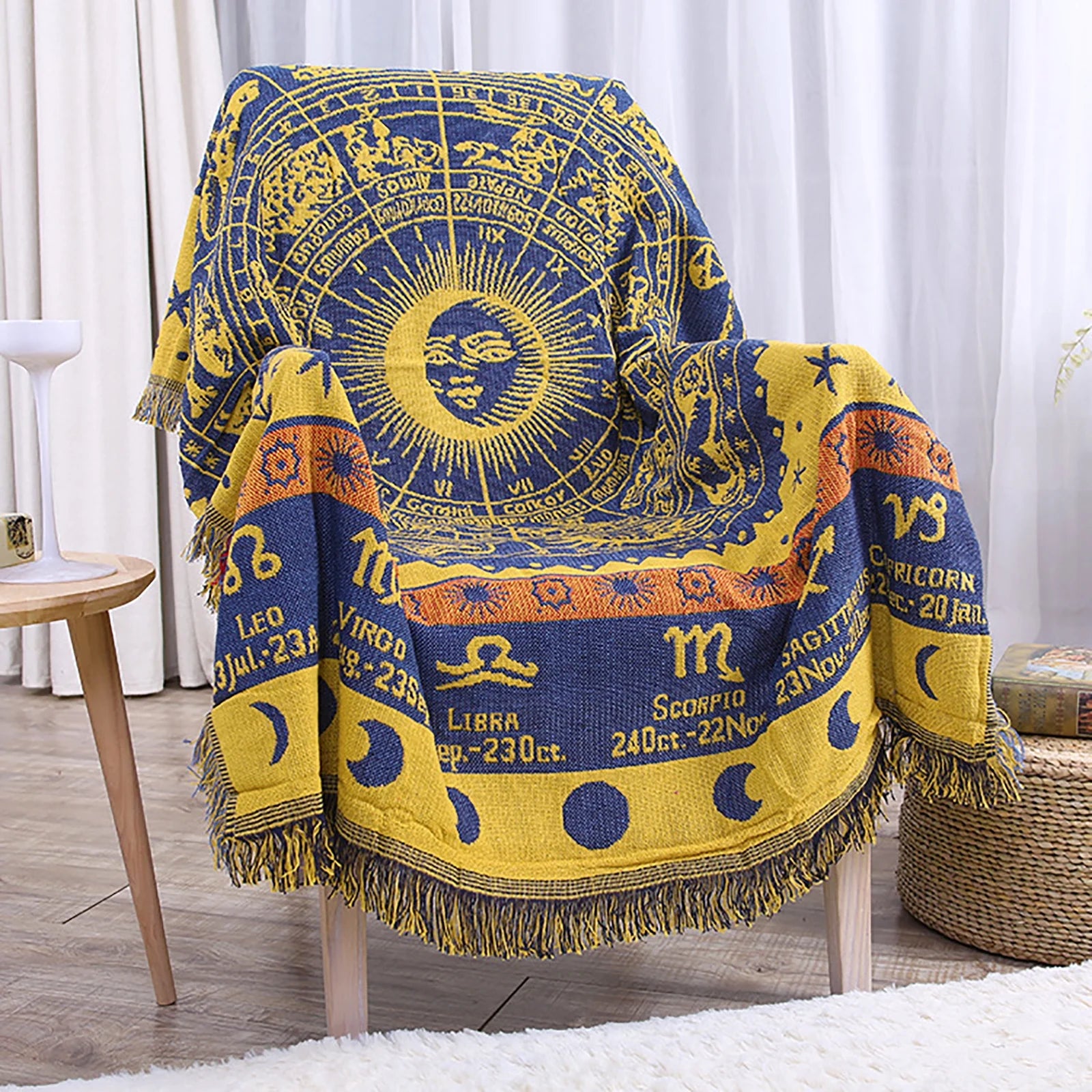Zodiac Throw Blanketboho Hippie Woven Witchy Astrology Celestial Constellation Balnket for Home Decor, Double Side Cover Chair Sofa Couch(Yellow,S 51" X 71")