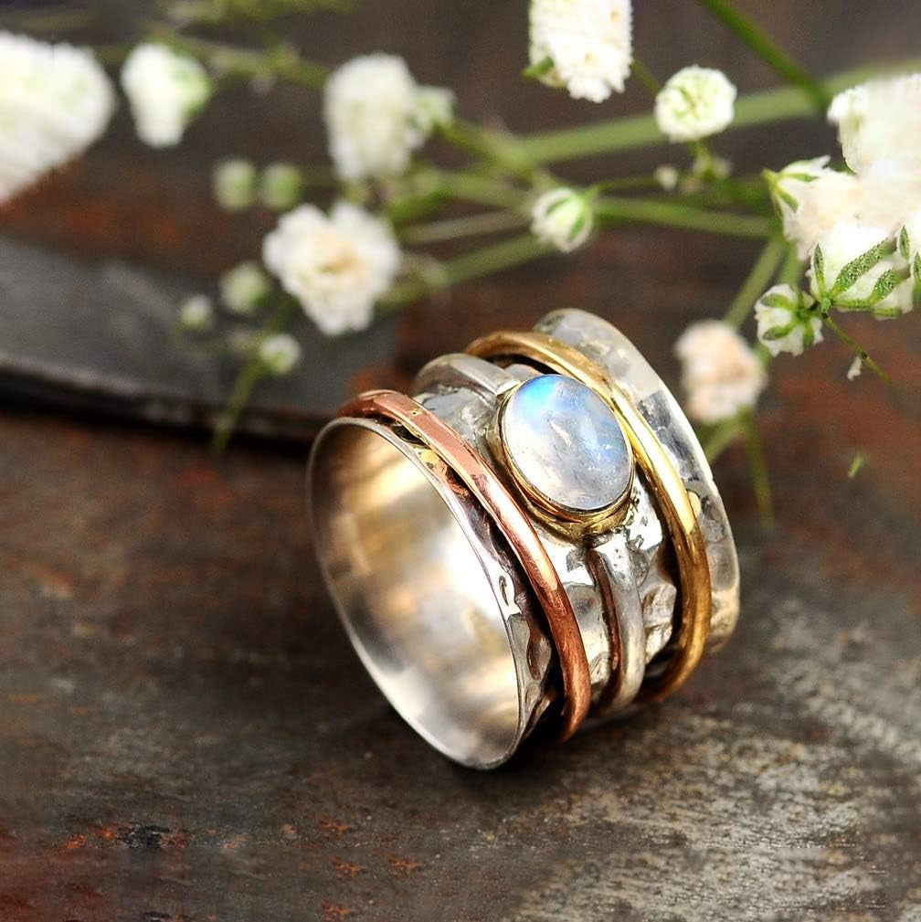 925 Sterling Silver Spinner Moonstone Ring for Women with Copper and Brass Fidget Rings Bands