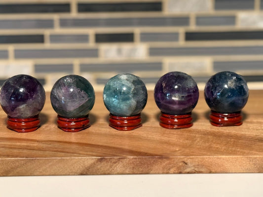 Rainbow Fluorite Sphere with Rosewood Stand – Crystal Healing Decor, Meditation Stone, Third Eye Chakra, Intuition, Energy Clearing Gift
