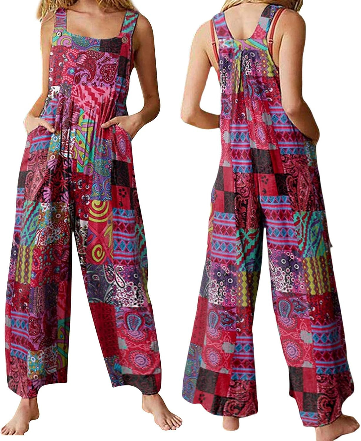Women Boho Overalls Summer Floral Loose Suspender Trousers Jumpsuits Wide Leg Pants Romper with Pockets (C Red , X-Large )