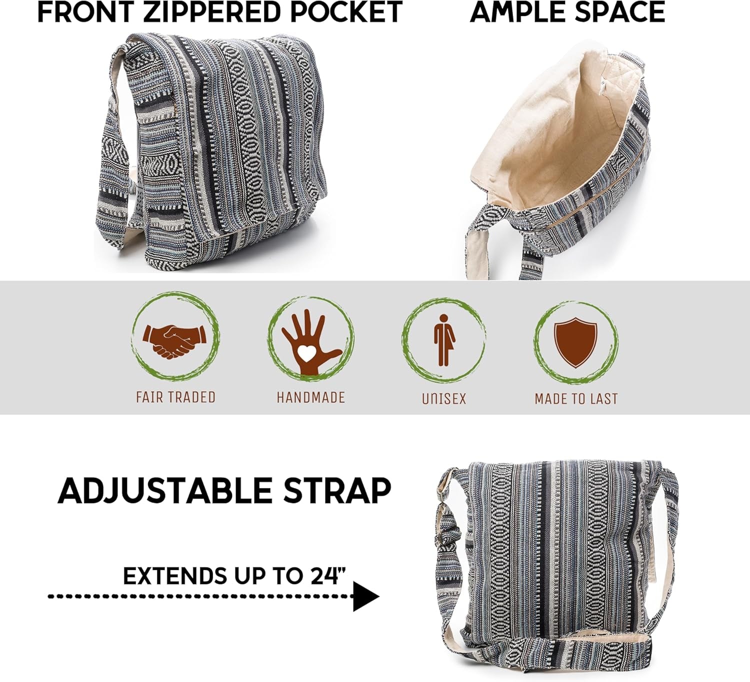 Crossbody Messenger Bag - Handmade in Nepal - Over-The-Shoulder Sling Bag - Unisex