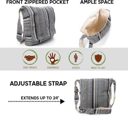 Crossbody Messenger Bag - Handmade in Nepal - Over-The-Shoulder Sling Bag - Unisex