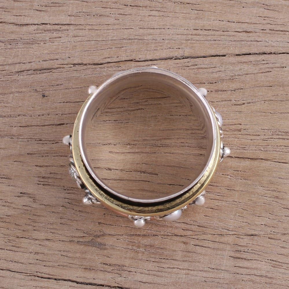 Artisan Handmade Cultured Freshwater Pearl Meditation Spinner Ring .925 Sterling Silver with Brass Copper Metallic Tone White Band India Birthstone 'Spinning Blossom'
