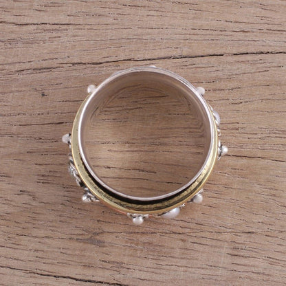 Artisan Handmade Cultured Freshwater Pearl Meditation Spinner Ring .925 Sterling Silver with Brass Copper Metallic Tone White Band India Birthstone 'Spinning Blossom'