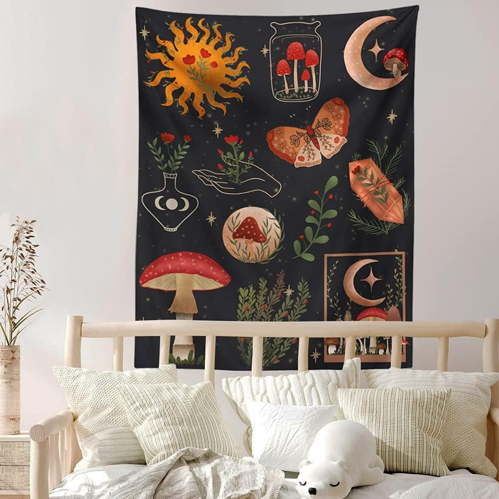 Botanical Mushroom Tapestry Wall Hanging Floral Sun Moon Starry Chart Wall Tapestry Bohemian Tapestries for Badroom Home Decor (51X59Inch)