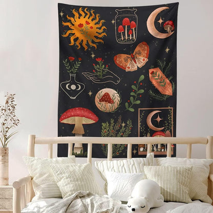 Botanical Mushroom Tapestry Wall Hanging Floral Sun Moon Starry Chart Wall Tapestry Bohemian Tapestries for Badroom Home Decor (51X59Inch)