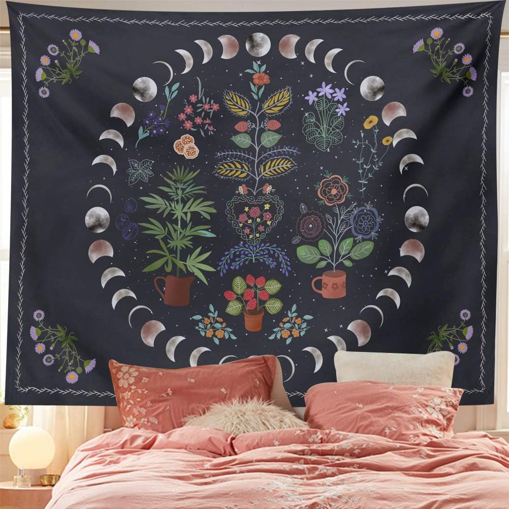 Botanical Moon Phase Wall Hanging - Floral Plants Boho Mandala Wall Tapestry for Bedroom Aesthetic Home Dorm