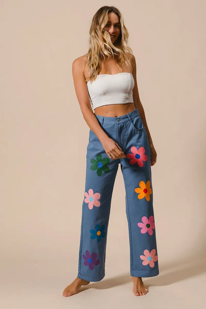 Flower Print Straight Legs Pants
