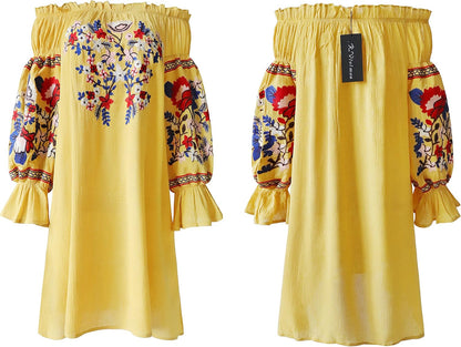 Womens Floral Embroidered off Shoulder Long Sleeve Short Dresses