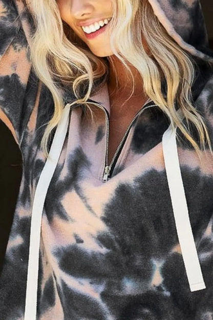 BiBi Tie Dye Brushed Terry Hoodie with Zip Up Closure in Peach