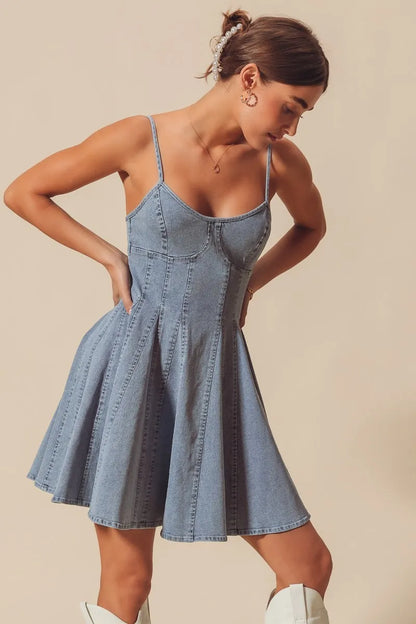 A Line Fit and Flare Denim Mini Dress