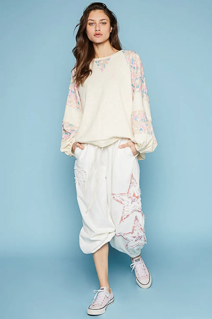 POL Clothing Round Neck Balloon Floral Long Sleeve Womens Top