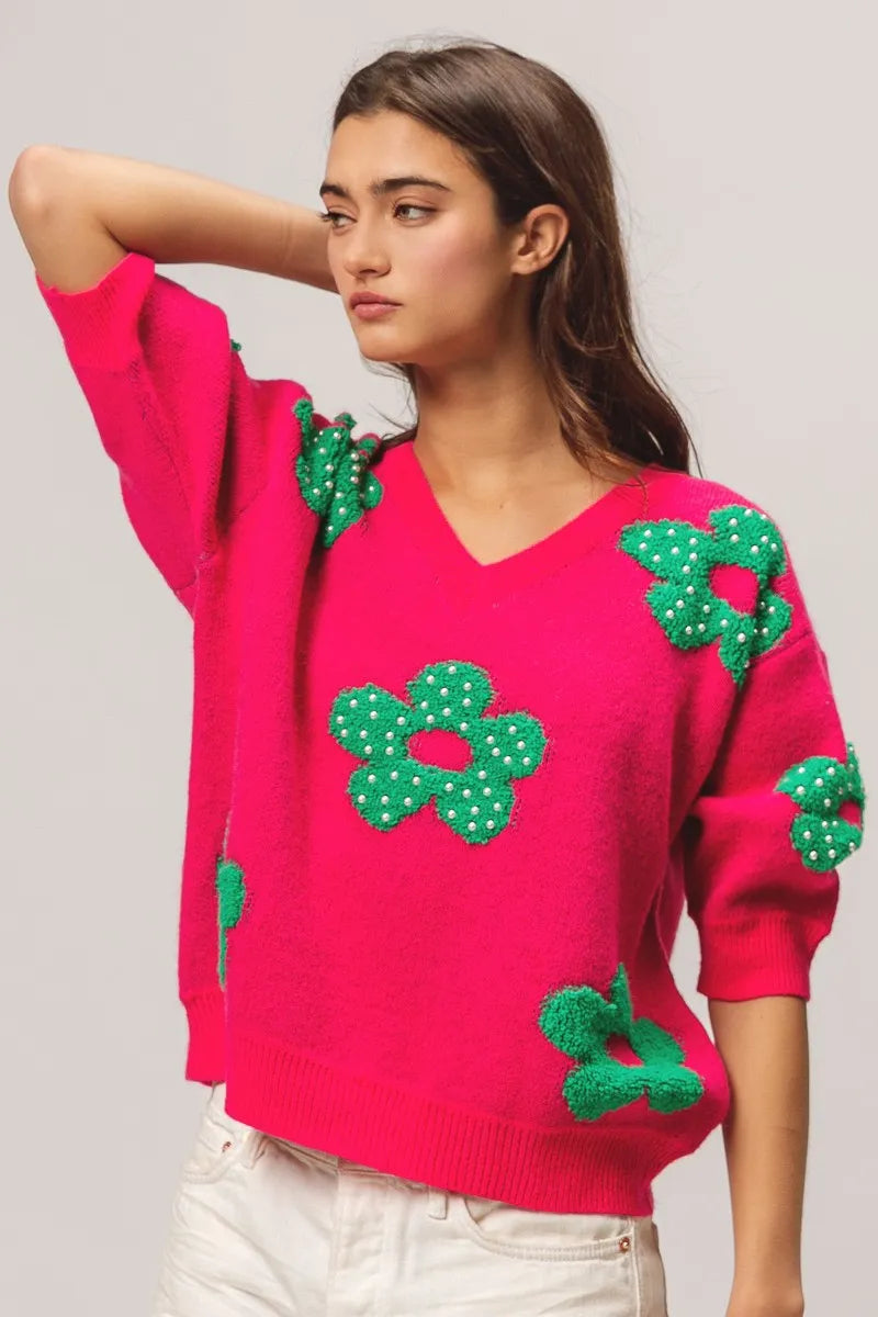 Pearl Beads Flowers Sweater Top