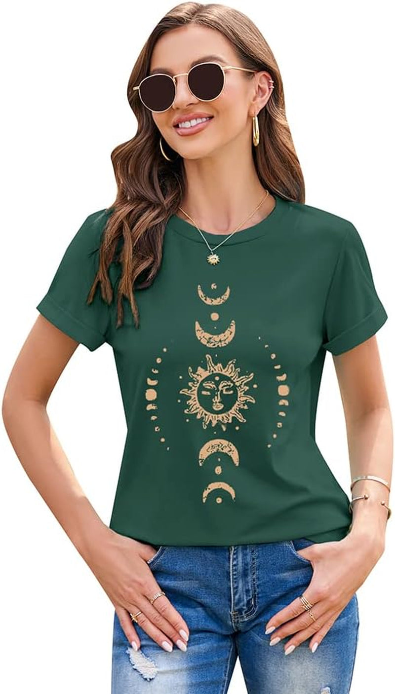 Women'S Graphic Tees Sun and Moon Printed T Shirts Summer Vintage round Neck Short Sleeve Tops Dark Green