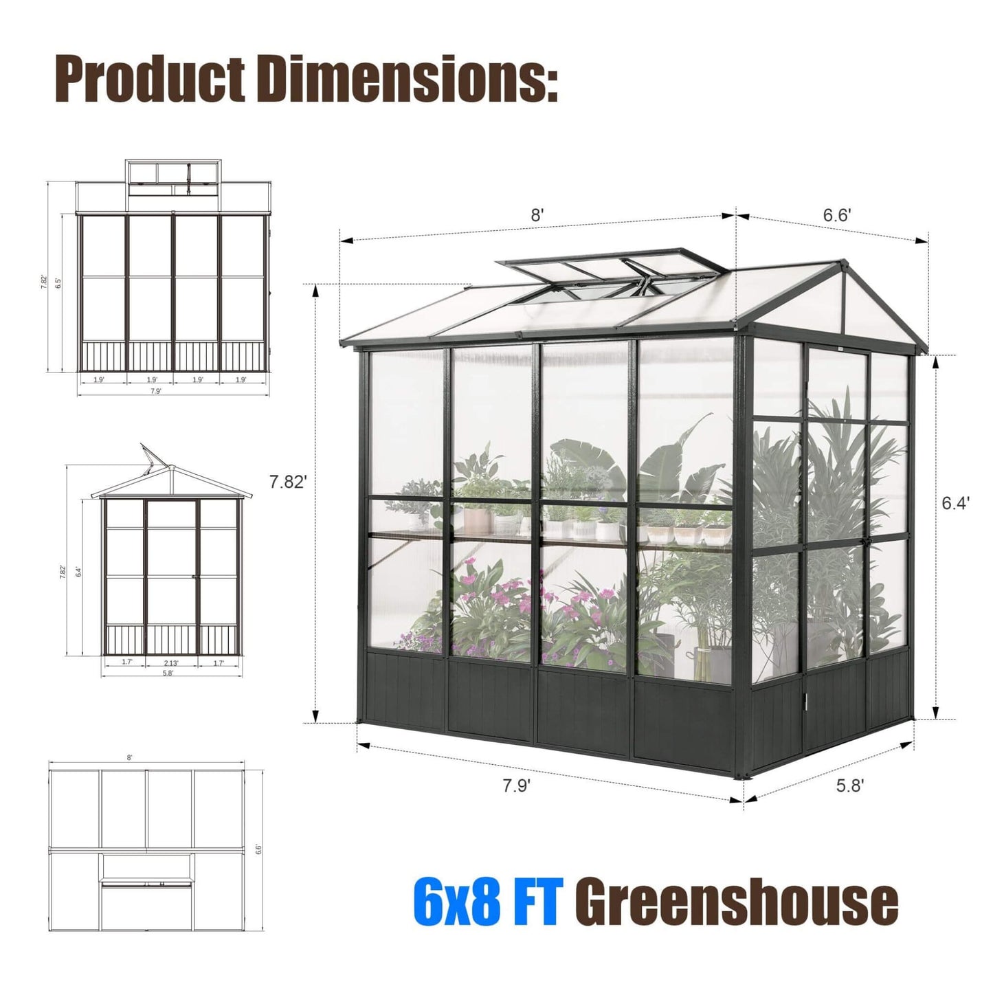 [06X08FT] Heavy Duty Outdoor Polycarbonate Greenhouse With Fully Automatic Temperature Control Vent (SAK51892)