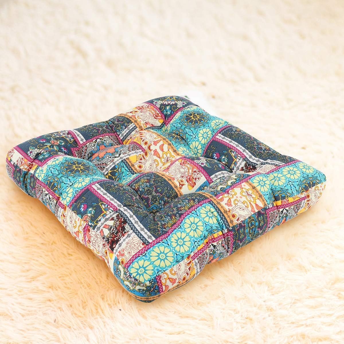 Bohemian Floor Pillow Futon Seating Floor Mat Thicken Chair Pad Patchwork Style Meditation Floor Pillow for Kids Reading Nook, 22 Inch