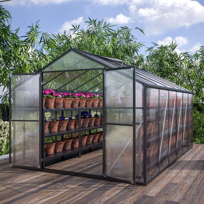 [08X12FT] Large Outdoor Heavy Duty Polycarbonate Walk-In Greenhouse With Double Swing Doors And Two Ventilation Windows (SAK73651)